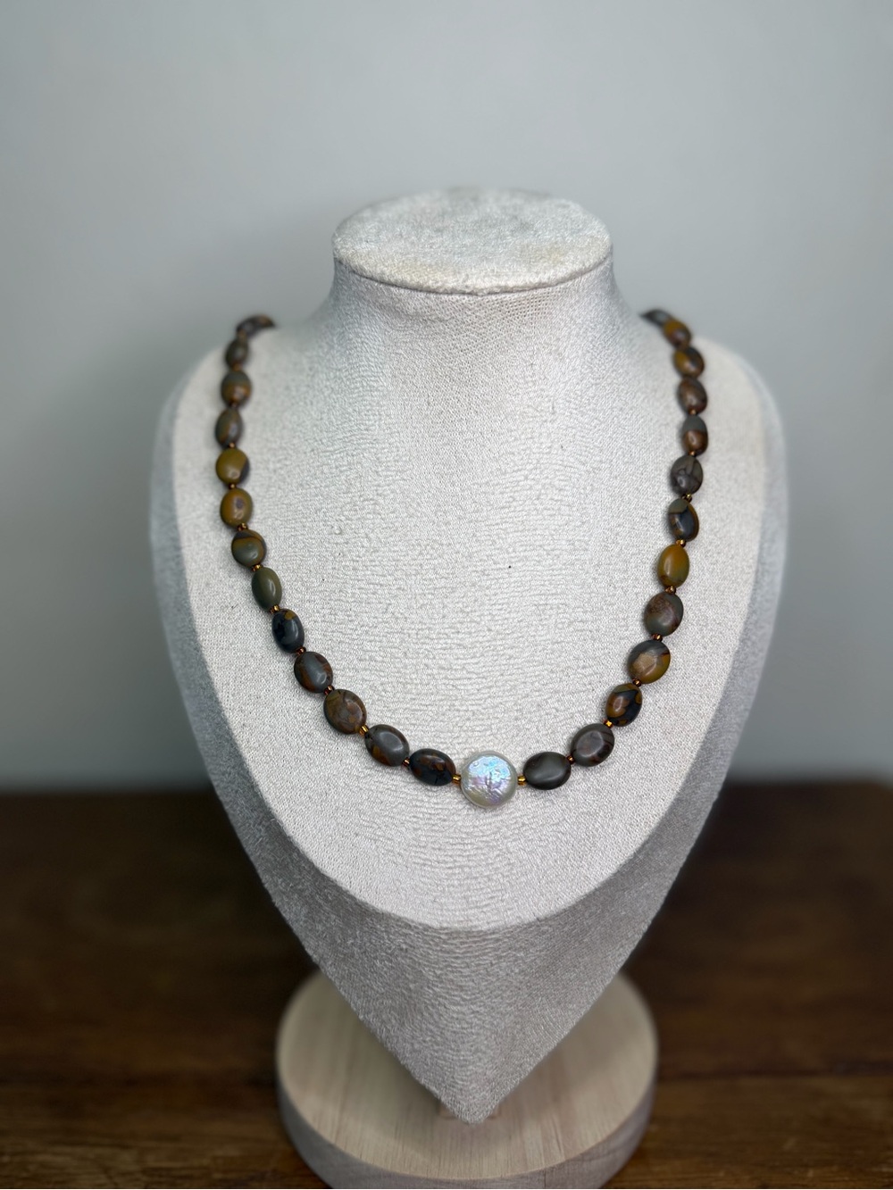 ARTISAN Brown Composite Jasper Beaded Necklace with Pearl Accent